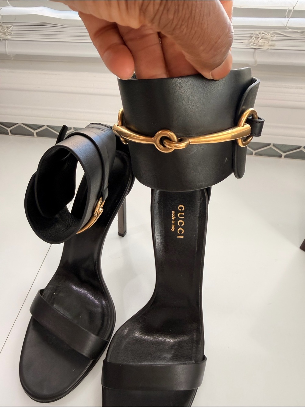 Gucci Black Leather High-Heel Ankle-Cuff Sandals with Gold Buckle - Picture 4 of 14